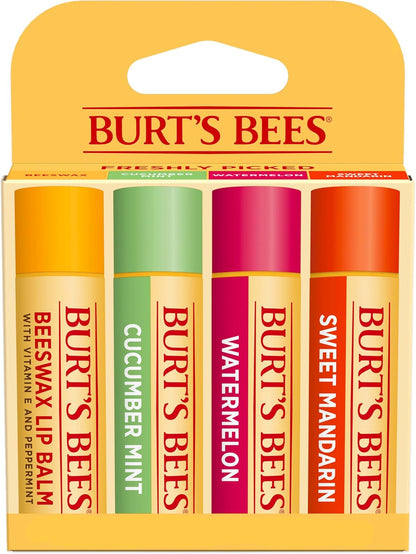 100% Natural Origin Moisturising Lip Balm Set, Freshly Picked - Beeswax, Cucumber Mint, Watermelon, & Sweet Mandarin, 4 Tubes