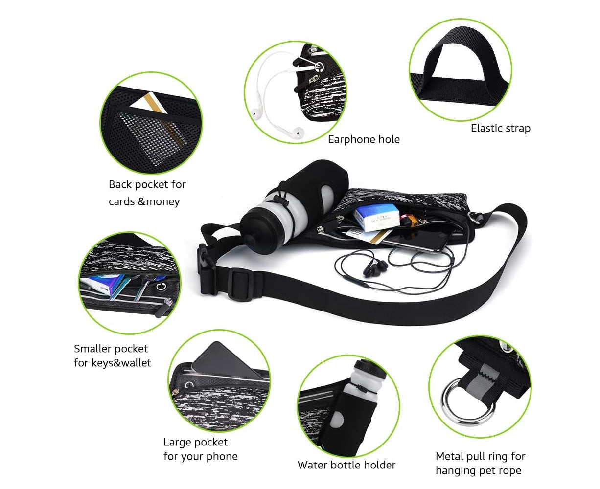 Reflective Running Belt Bag with Integrated Bottle Cage for Workouts, Cycling, and Running