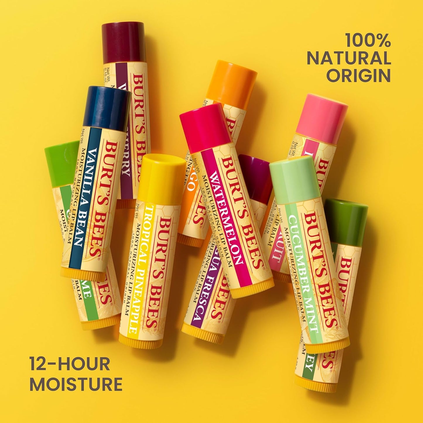 100% Natural Origin Moisturising Lip Balm Set, Freshly Picked - Beeswax, Cucumber Mint, Watermelon, & Sweet Mandarin, 4 Tubes