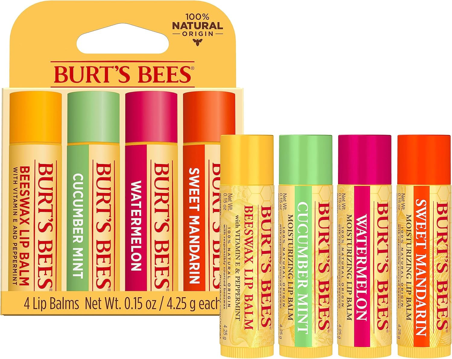 100% Natural Origin Moisturising Lip Balm Set, Freshly Picked - Beeswax, Cucumber Mint, Watermelon, & Sweet Mandarin, 4 Tubes