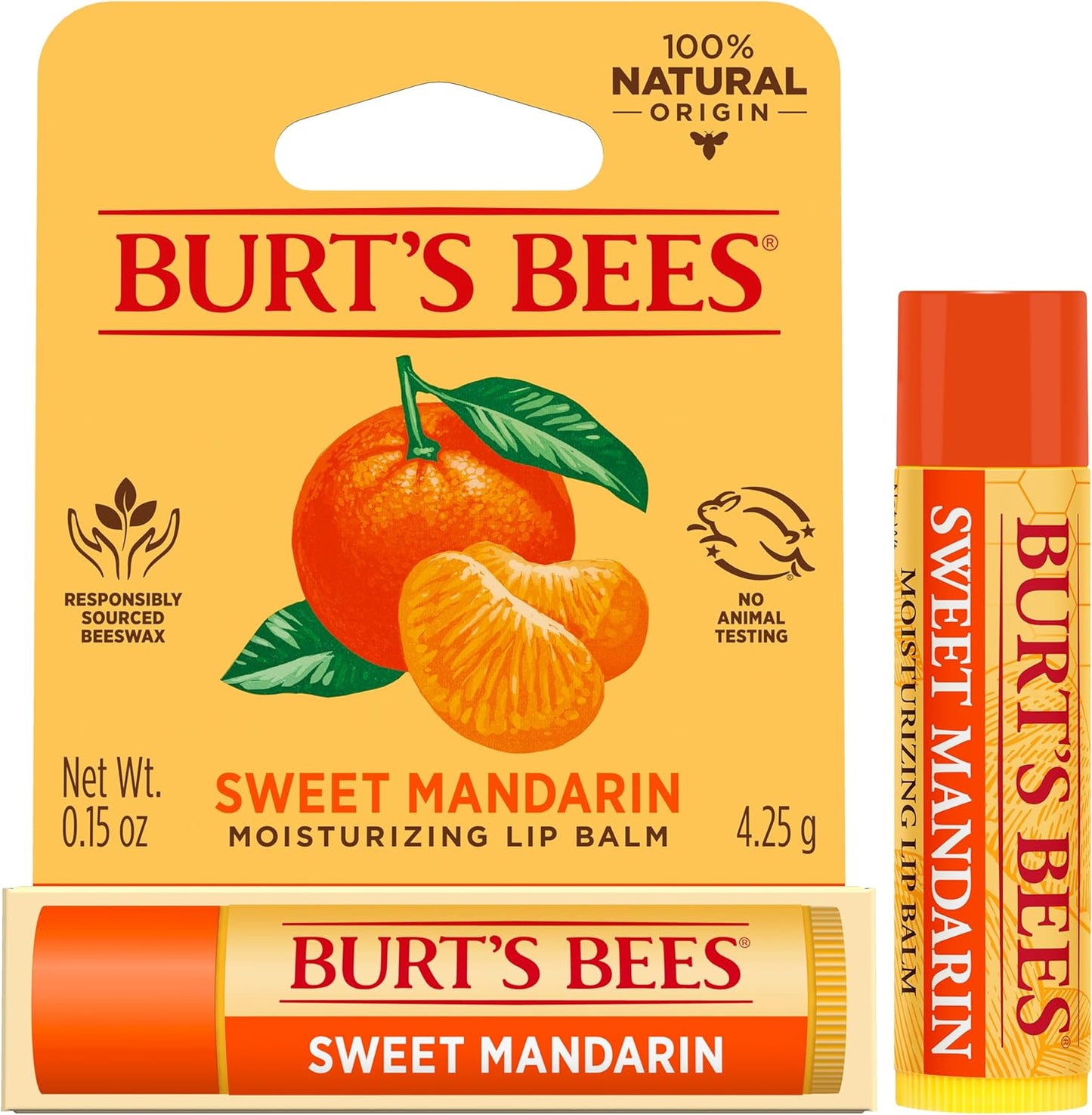 100% Natural Origin Moisturising Lip Balm, Sweet Mandarin, 1 Tube, 4.25G