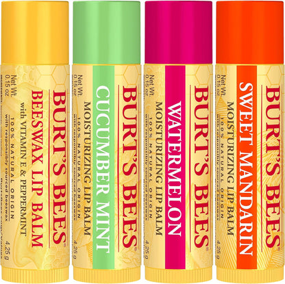 100% Natural Origin Moisturising Lip Balm Set, Freshly Picked - Beeswax, Cucumber Mint, Watermelon, & Sweet Mandarin, 4 Tubes